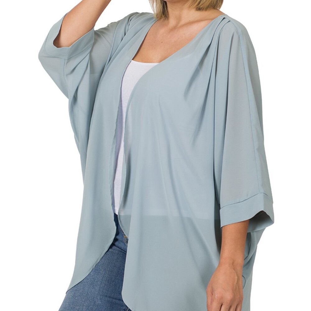 Zenana Woven Chiffon Open Cardigan with Shoulder Pleat Ash Blue Plus Size